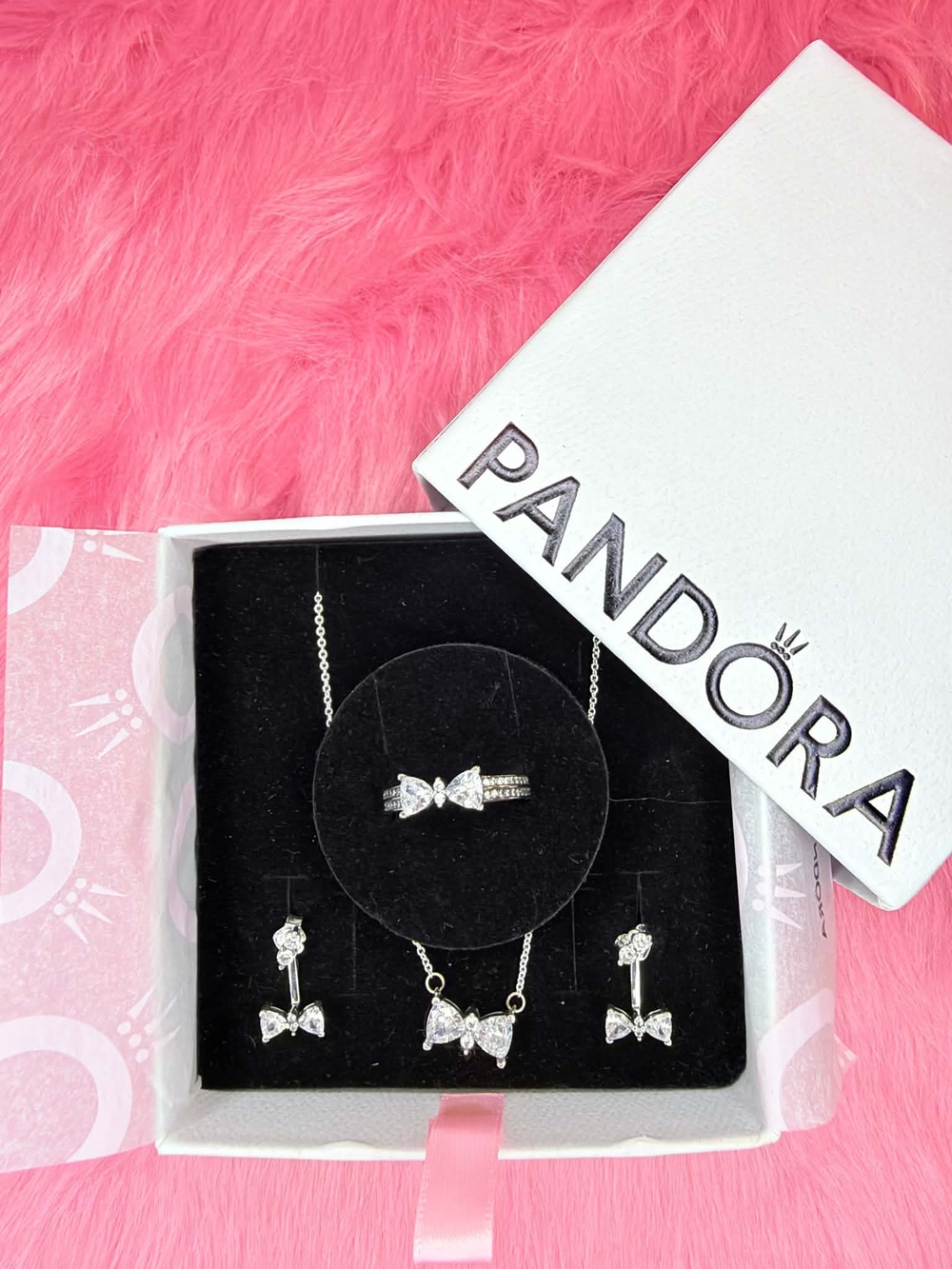 Pandora Silver Bow Necklace and Earring Set in Sparkling White